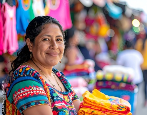 Wallpaper Mural Happy woman vendor at a vibrant market, showcasing colorful textiles. Smiling face, traditional clothing. Torontodigital.ca