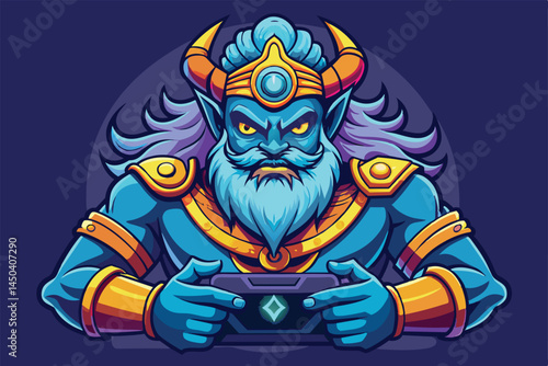 Colorful illustration of a mythical warrior character engrossed in playing a mobile video game. Vibrant design captures the fantasy and gaming culture essence.