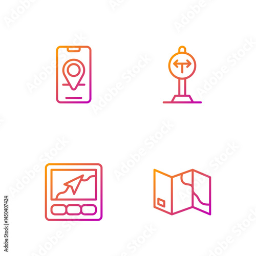 Set line Folded map, Gps device with, City navigation and Fork in the road. Gradient color icons. Vector