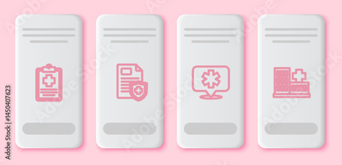 Set line Patient record, Location hospital and Hospital building. White rectangle button. Vector