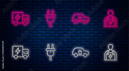 Set line Electric plug, car, truck and Car mechanic. Glowing neon icon on brick wall. Vector
