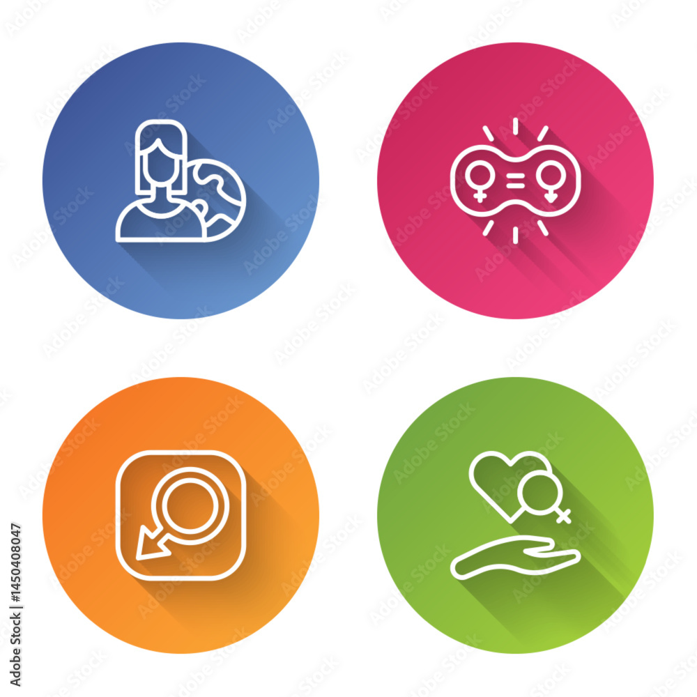 Set line Women from different countries, Gender equality, Male gender and Heart with female. Color circle button. Vector Set line Women from different countries, Gender equality, Male gender and Heart with female. Color circle button. Vector