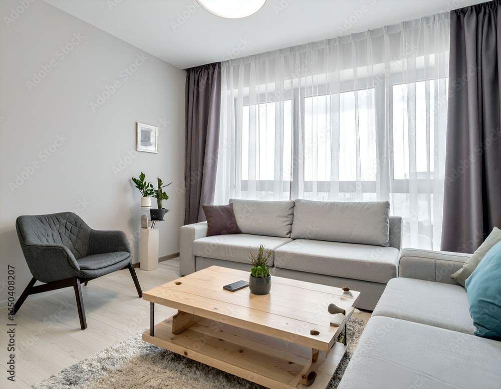 Fototapeta premium Modern living room interior design. Light grey sofa, wooden coffee table, armchair, plants, and large window with curtains.