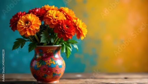 Wallpaper Mural Vibrant marigolds in vase, pan de muerto Copy space Dia de los Muertos , Mexican, yellow Torontodigital.ca