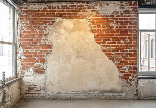 Partially exposed brick wall with peeling plaster near indoor window.