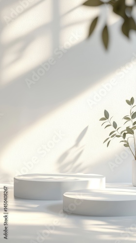 a white room with a small white plant growing in a white round pot on a white platform 