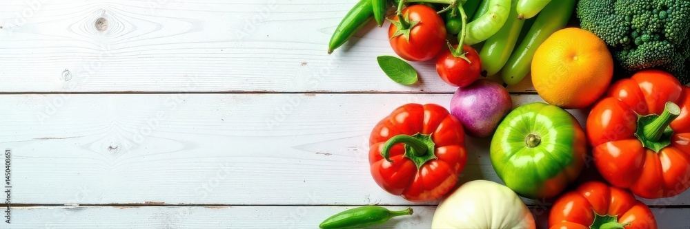 Vibrant veggies, crisp & colorful, arranged on rustic white wood , wooden table, bright, nutrition Vibrant veggies, crisp & colorful, arranged on rustic white wood , wooden table, bright, nutrition