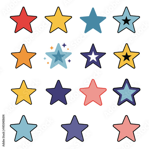 A collection of colorful stars featuring adorable cartoon faces with diverse emotions, perfect for whimsical and playful designs.

