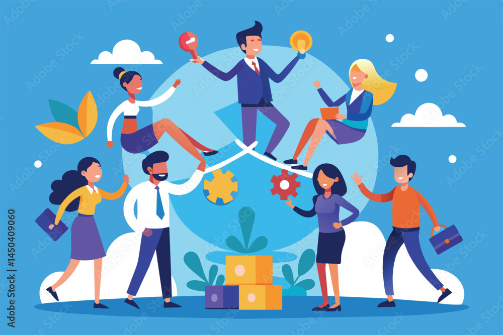 Fototapeta premium Illustration depicting diverse professionals engaging in teamwork and collaboration. Vibrant characters exchange ideas, symbolizing innovation, creativity, and unity in a modern business environment.