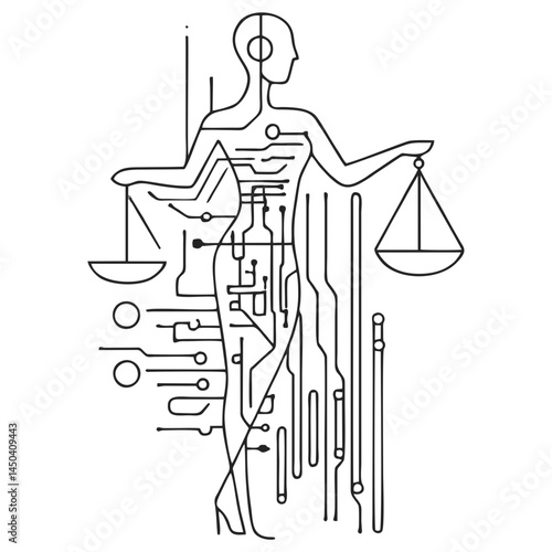 Lady Justice as Circuit Board Silhouette – Futuristic Black SVG Icon in Naive Minimal Style for AI Law, Legal Tech Branding, and Ethical Tech Design