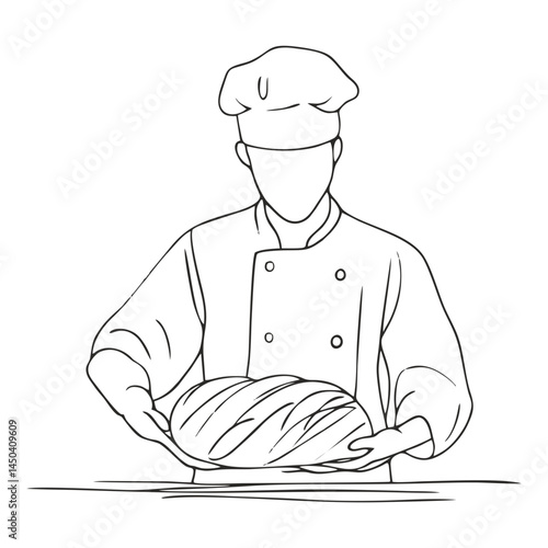 Male Chef Holding Fresh Bread – Monochrome Vector Line Illustration for Artisan Bakery Ads, Culinary Blogs, and Farm-to-Table Packaging