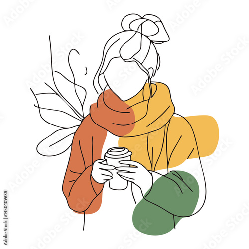 Autumn Girl Holding Coffee Cup in Cozy Scarf – Minimal Line Art with Warm Colors for Seasonal Ads, Lifestyle Blogs, and Coffee Branding