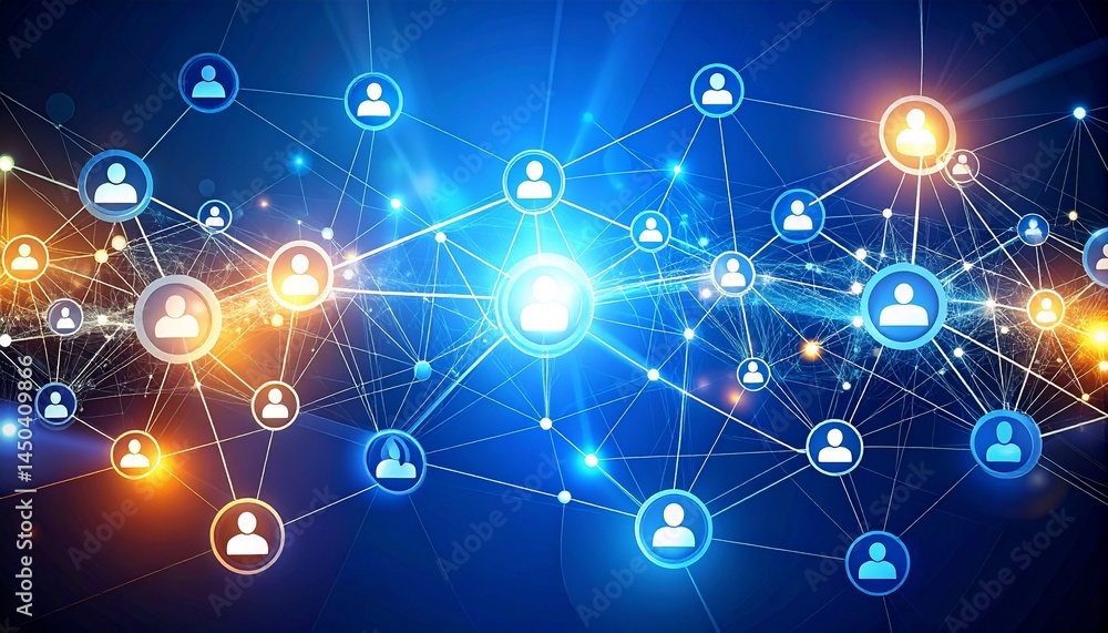Influencer marketing partnership concept. Digital network connections with user icons and bright lights. Influencer marketing partnership concept. Digital network connections with user icons and bright lights.