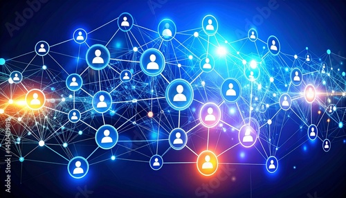 Influencer marketing partnership concept. Abstract network of interconnected user profiles with glowing nodes.