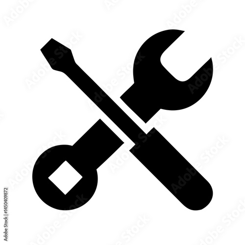 Bold black outline wrench and screwdriver icon on white background for construction concept