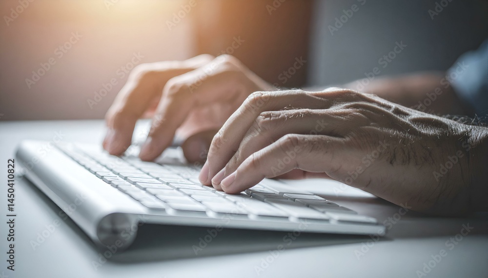 Close-up of hands typing on a wireless keyboard. Image depicts digital work, online activity, and modern technology. Close-up of hands typing on a wireless keyboard. Image depicts digital work, online activity, and modern technology.