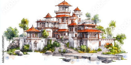 A grand, multi-tiered palace with red roofs and intricate architecture, surrounded by greenery and stone pathways.