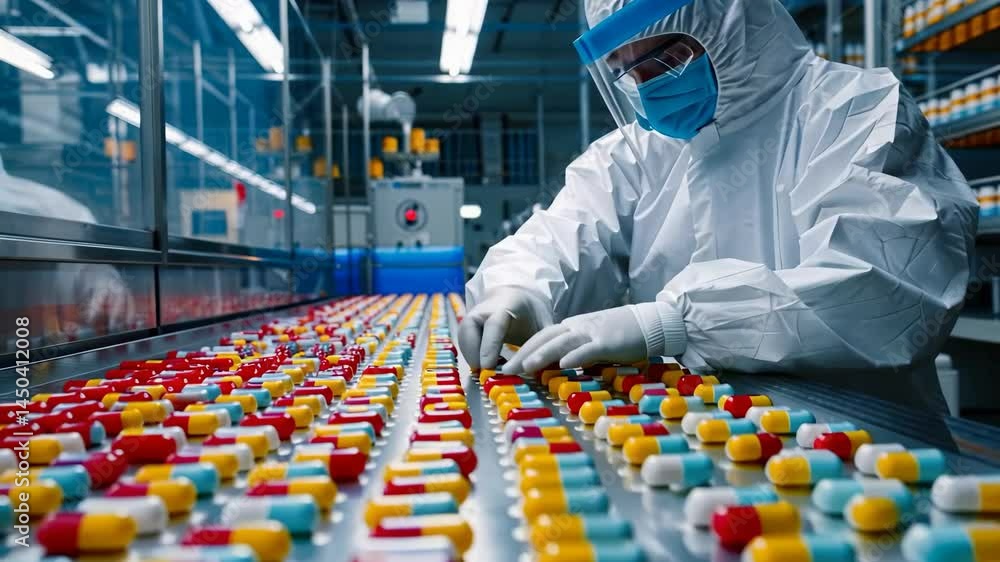 Worker in a clean suit, mask, and face shield, manually inspects and ...