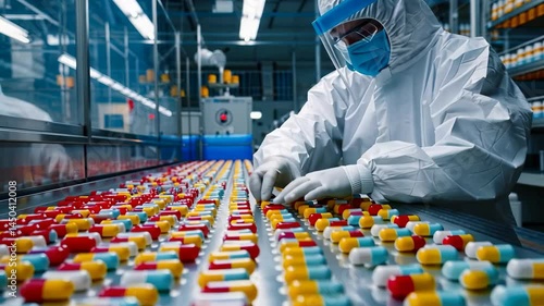 Worker in a clean suit, mask, and face shield, manually inspects and sorts capsules on a production line. Shows the precision and care taken in pharmaceutical manufacturing.