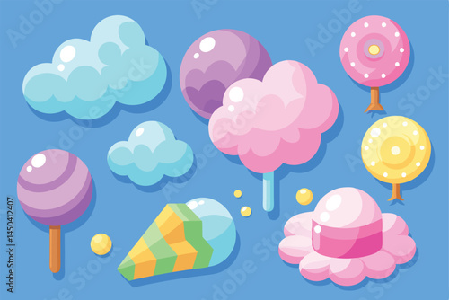 Vibrant illustration of candy-shaped clouds and lollipops in pastel colors on a blue background, evoking a playful and whimsical atmosphere.