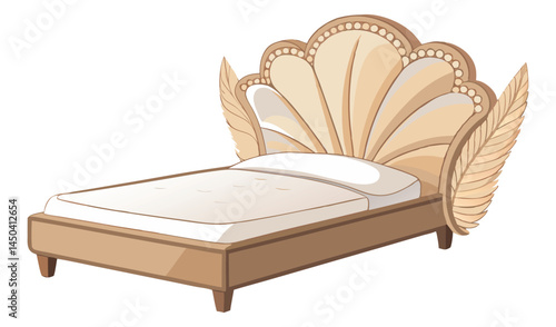 Elegant Shell-Shaped Bed: A luxurious bed with a unique shell-shaped headboard, adorned with elegant feather-like details, exudes sophistication and comfort.