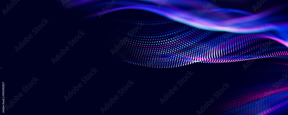 Abstract wave of particles. Big data digital flow concept. LLM learning process, AI technology. Quantum computing. with place for text Abstract wave of particles. Big data digital flow concept. LLM learning process, AI technology. Quantum computing. with place for text