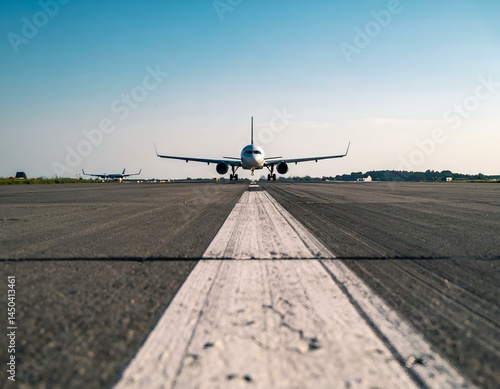 Airplane taxiing on runway, low angle view.  A large passenger jet dominates the foreground with a smaller plane in the background. Clear blue sky.