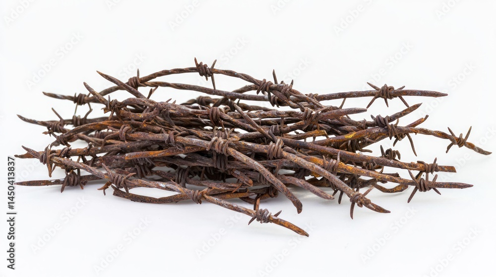 Fototapeta premium Pile of cut barbed wire segments with rusted tips on white background.