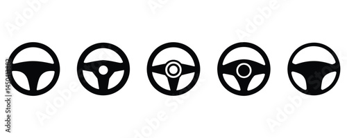 Steering wheel icons set—black vector illustrations of car and driving control symbols.