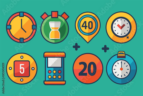 A vibrant set of vector illustrations featuring various clocks and timers, showcasing diverse designs and colors on a green background. Perfect for projects related to time management concepts.