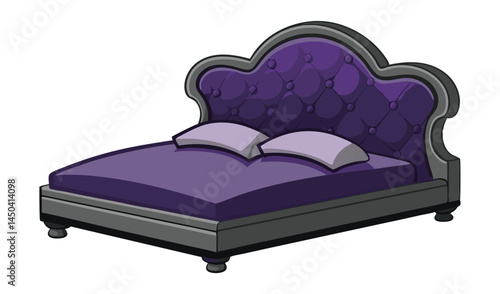 Elegant Bed with Purple Accents: An inviting illustration of a luxurious bed with a plush, button-tufted headboard and soft pillows, presenting a sense of comfort and opulence.