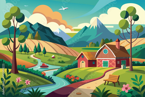 A vibrant illustration of a serene countryside with a river flowing through lush greenery, surrounded by mountains, trees, and a charming house under a bright sky.