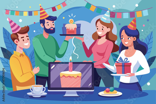A group of friends celebrating a virtual birthday party. They are exchanging gifts, enjoying cake, and wearing party hats, showcasing a fun and festive atmosphere.