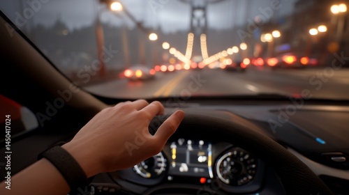 Driver's hand on steering wheel, city bridge traffic in background, driving scene, possible use for automotive, driving safety, or city life stock photo