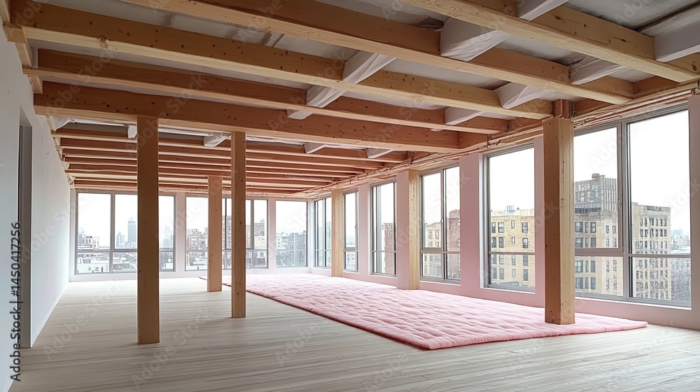 Spacious unfinished room with exposed wooden beams, large windows and pink floor mat. Spacious unfinished room with exposed wooden beams, large windows and pink floor mat.