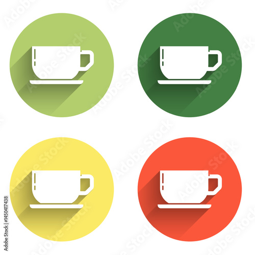 Set Coffee cup icon isolated with long shadow background. Tea cup. Hot drink coffee. Color circle button. Vector