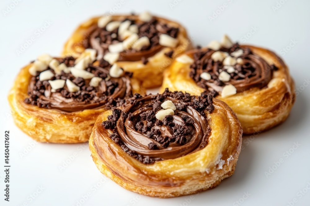 Delicious chocolate pastry swirls topped with nuts on a white plate, ideal for dessert lovers Delicious chocolate pastry swirls topped with nuts on a white plate, ideal for dessert lovers