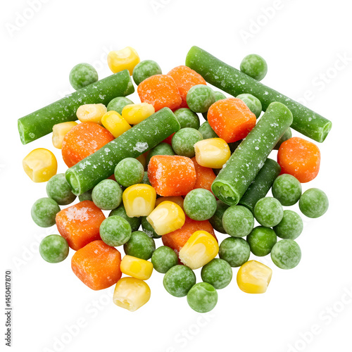 A mix of frozen vegetables against a white background