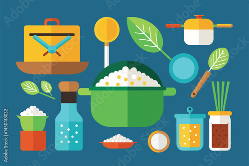 A vibrant flat design illustration featuring various kitchen utensils and ingredients. Includes pots, pans, spices, and herbs, ideal for culinary-themed projects and creative cooking concepts.