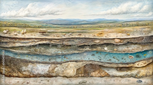 Cross-section of geological strata revealing fossils and ancient life.  Layers of earth, showing prehistoric remains