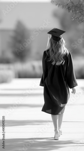 A young woman walks away in a graduation gown and cap, her long hair flowing, capturing a moment of achievement and reflection on her special day