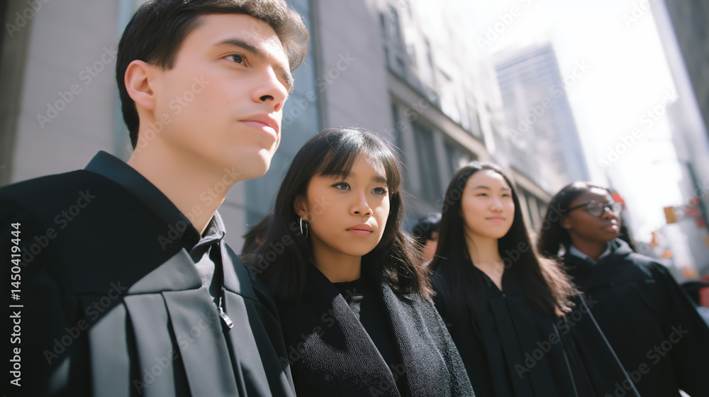 Obraz premium A diverse group of young students, including two males and two females, dressed in graduation robes stands proudly, reflecting determination and optimism against a city backdrop
