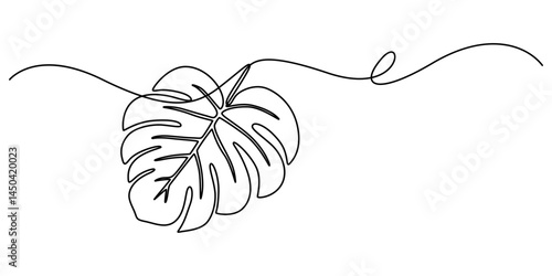 Monstera leaf continuous one line drawing and leaf icon isolated flat vector illustration, One continuous line drawing monstera leaf vector illustration. Tropical leaf monoline design, minimalist line