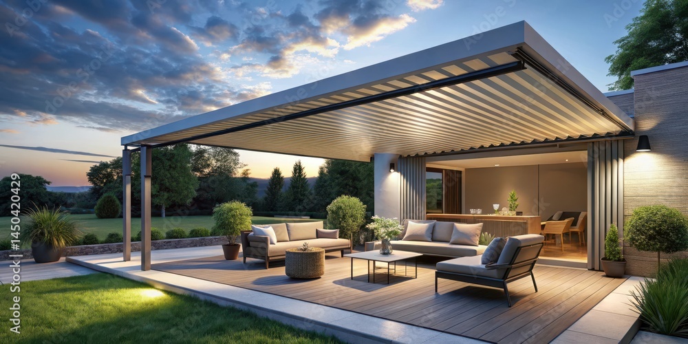 Obraz premium Outdoor Living Space with Automated Awnings and Lighting, autonomous retractable awnings, outdoor living space enhancement