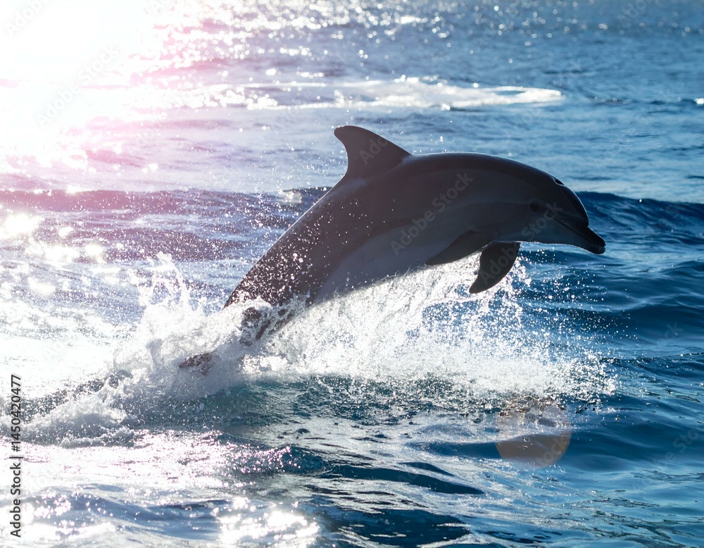 Fototapeta premium Dolphin leaping from ocean water, backlit by sun, creating sparkling water spray.