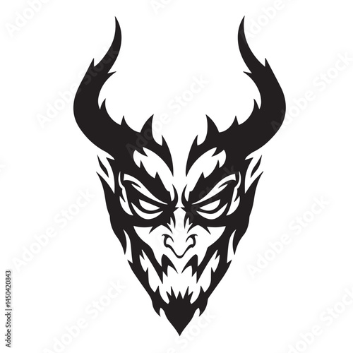 Evil demonic creature face with glowing eyes and twisted horns designed for Halloween or horror graphics

