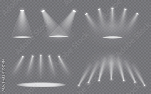 Spotlight set on transparent bg with reflection on floor. White light sources on dark wall, realistic soft concert spotlight on abstract stage png. White projector scene with rays.