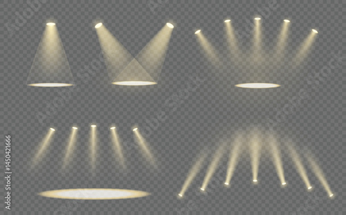 Spotlight set on transparent bg with reflection on floor. Yellow light sources on dark wall, realistic soft concert spotlight on abstract stage png. Gold projector scene with rays.
