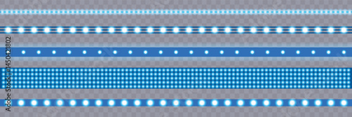 Led light strip set, neon blue light ribbons on transparent background. Realistic neon light bulb, vector illustration. Glowing tape with diode bulb on transparent bg, vector illustration.