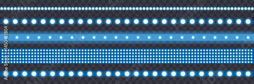 Led light strip set, neon blue light ribbons on transparent background. Realistic neon light bulb, vector illustration. Glowing tape with diode bulb on transparent bg, vector illustration.